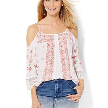 Crochet-trim cold-shoulder blouse